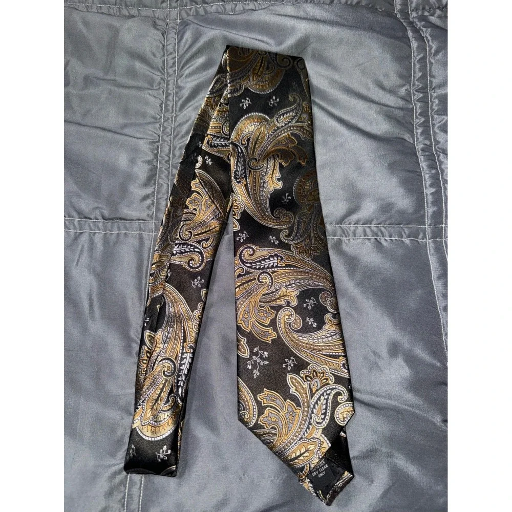 Pierre Cardin Mens Silk Necktie Black Gold Silver Paisley Classic Formal Tie